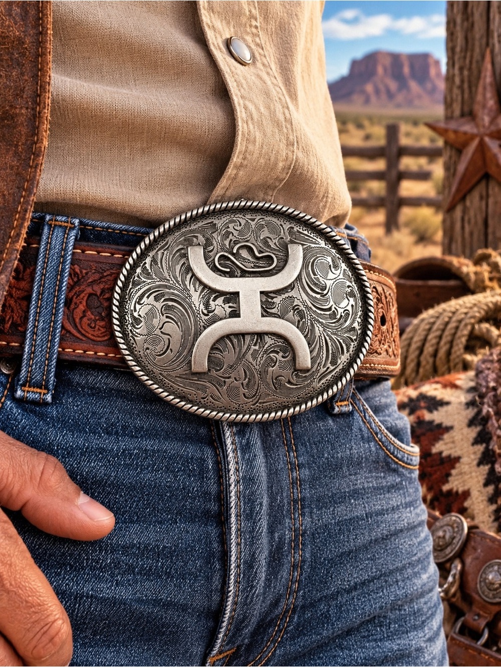 Western Silver-Tone Floral Engraved Belt Buckle - Silver